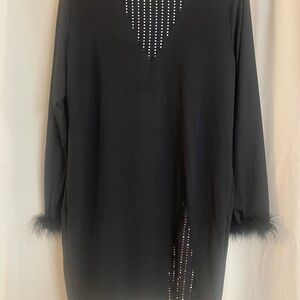 Black Dress with Rhinestone Accents and Feather Cuffs
